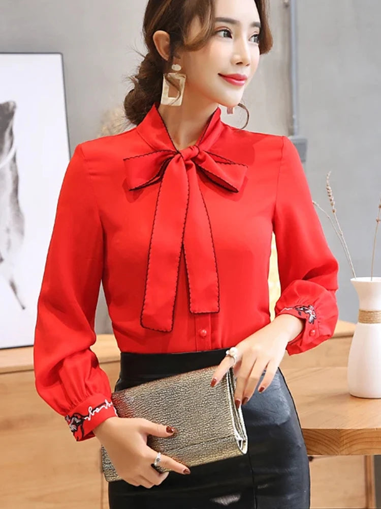 Elegant Office Lady Blouses Casual Women's Top Red Bow Tie Neck Blouse Long Sleeve Chiffon Shirt with Floral Embroidery Cuffs