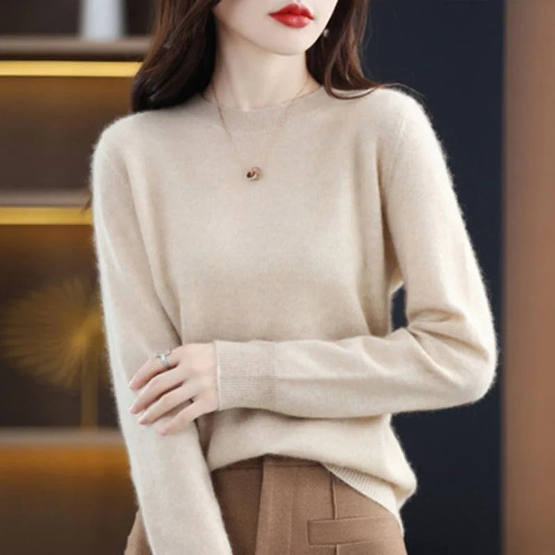 Women Sweater O-neck Long-sleeved Solid Knitwear Bottoming Shirt