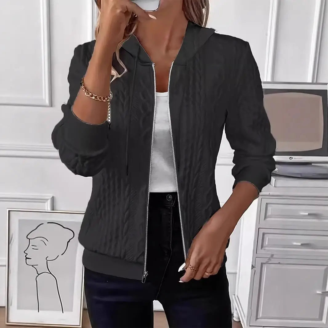 Women's Zipper Hooded Sweatshirt Waist-Cinching Regular Sleeve