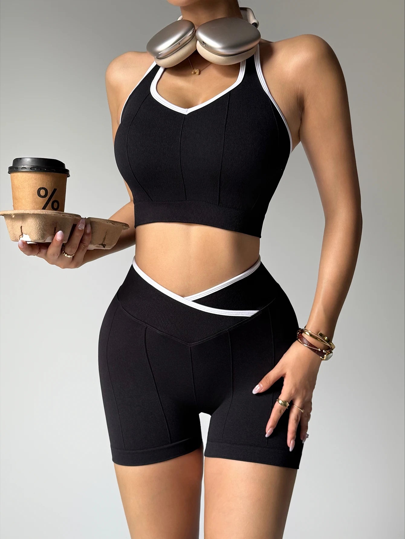 Gym  Set For Women 2pcs  Yoga Suit Halter Top High-Waisted Breathable Shorts