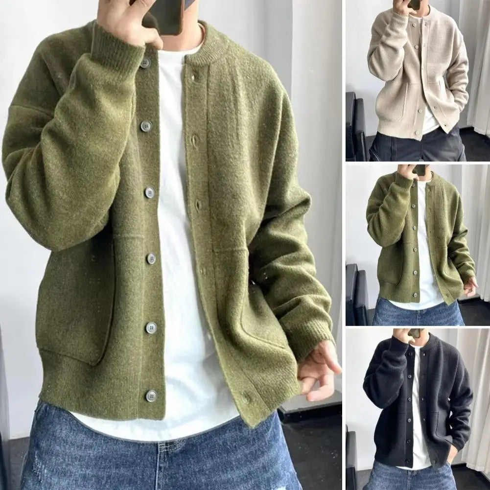 Sweater Coat Stylish Men's Knitted Cardigan Sweater with Thick Pockets
