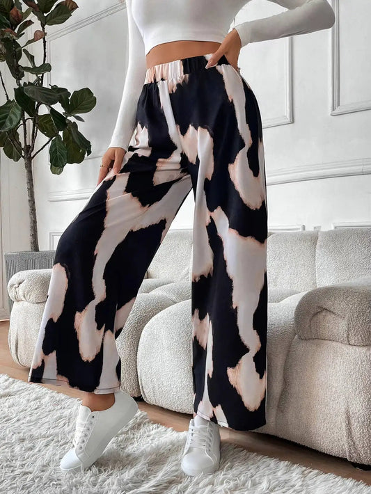 Wide Leg  Abstract Print Elastic High Waist Flowy Casual Pants
