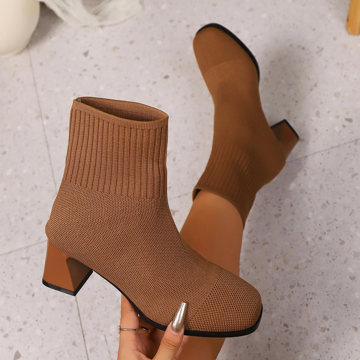Women Boots Pointed Toe Slip on Mid-Calf Boots Spring Autumn Knitted Socks Boots