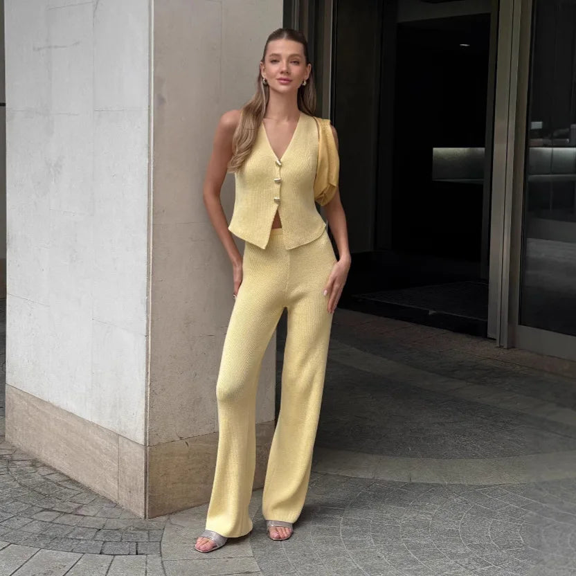 Knitwear Female 2 Piece-Set Straight Legg V-Neck Cropped Top