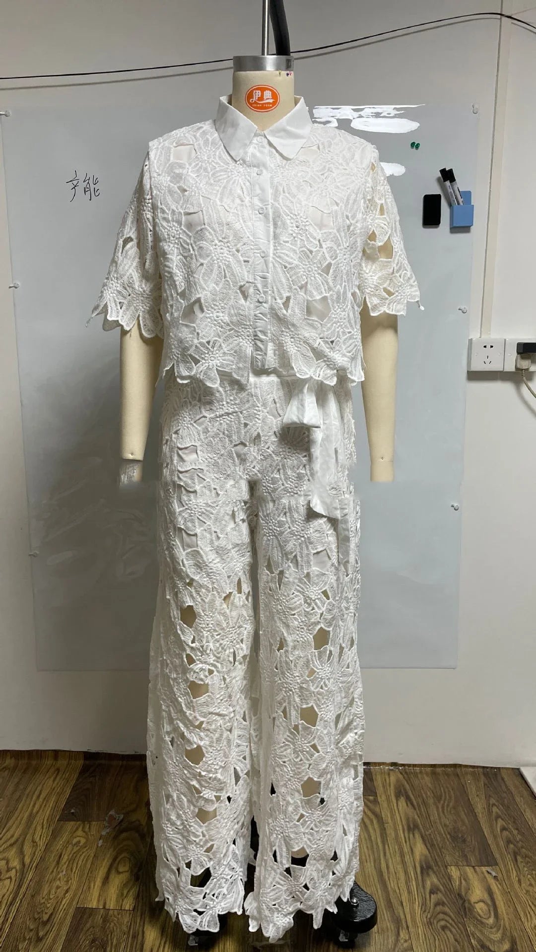Elegant Women's Sets Sexy Lace Hollow Shirt Short Top + Wide-leg Pants