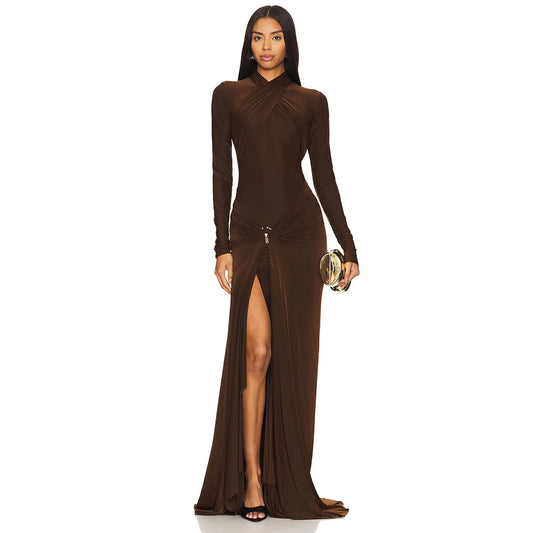 Brown Halter Pleat Front Split  Gown