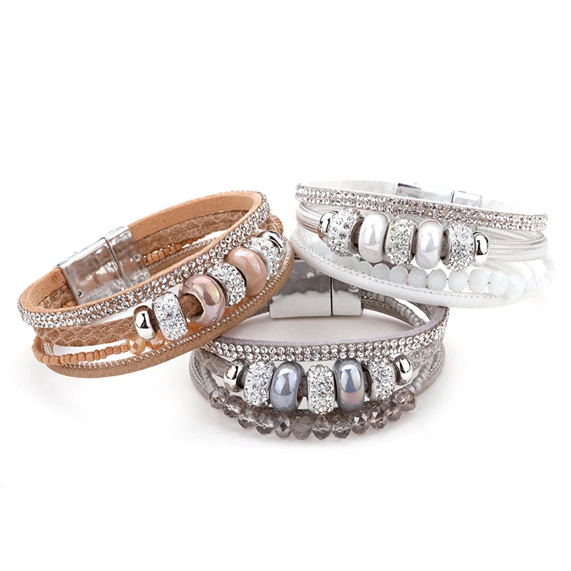 Greatera Sparkling Leather Vintage Pearl Multi-layered Magnetic Buckle Bracelet