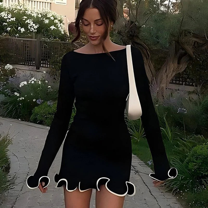 Women's Dress Elegant Party Ruffles Round Neck Long Sleeve Dress