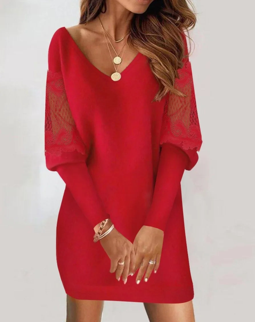 Sexy V Neck Mesh Lace Sleeve Loose Dress