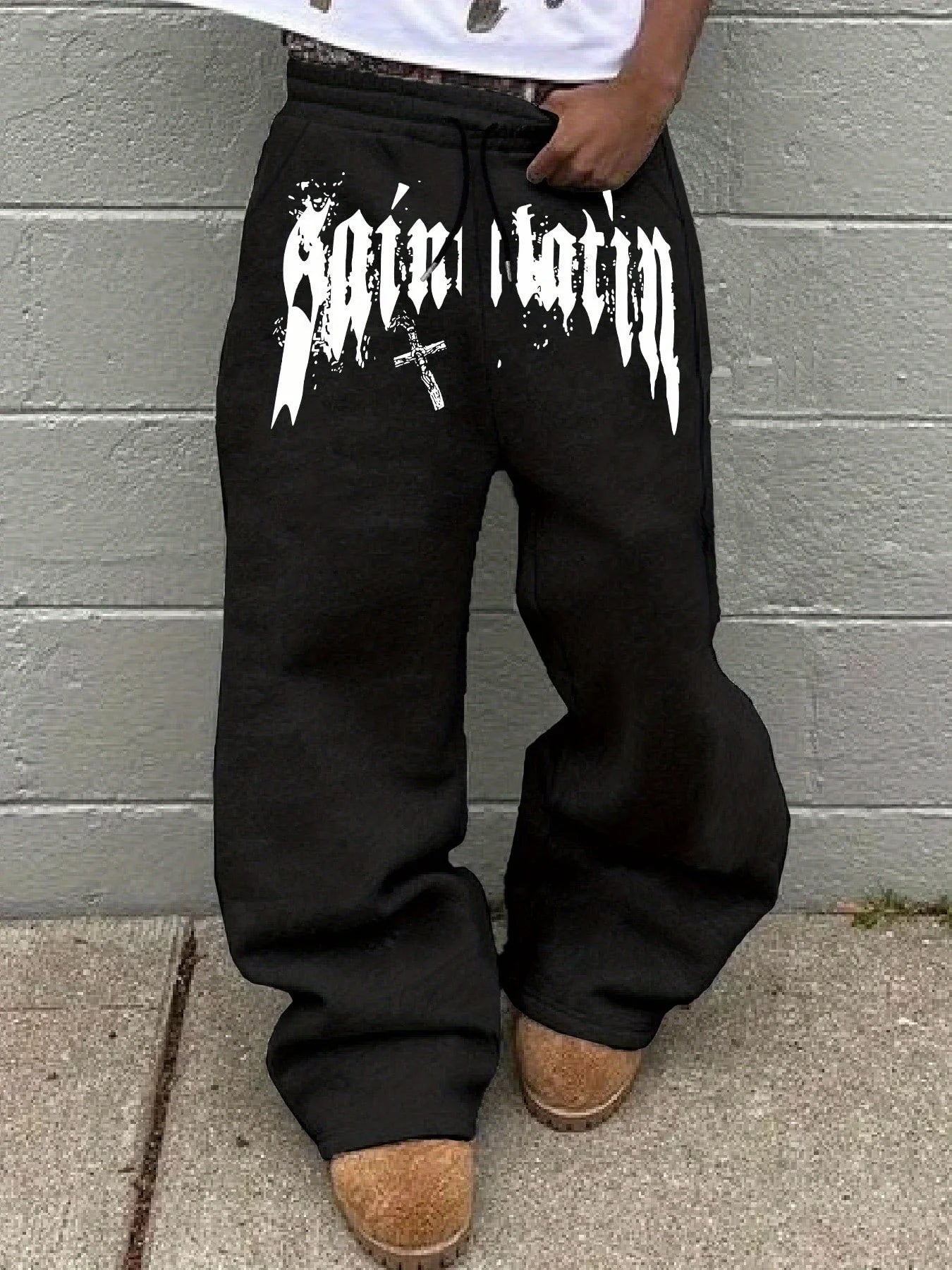 Men's Black Wide Leg Pants, French Graffiti