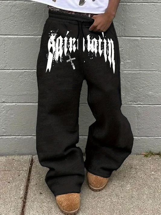 Men's Black Wide Leg Pants, French Graffiti
