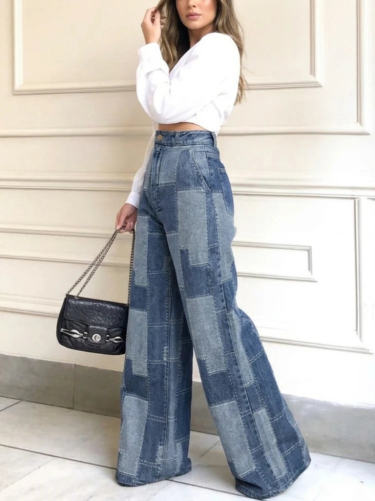 Wide Leg Jeans Two-Tone Blue Patchwork Plaid High Waist Floor-Length Jeans