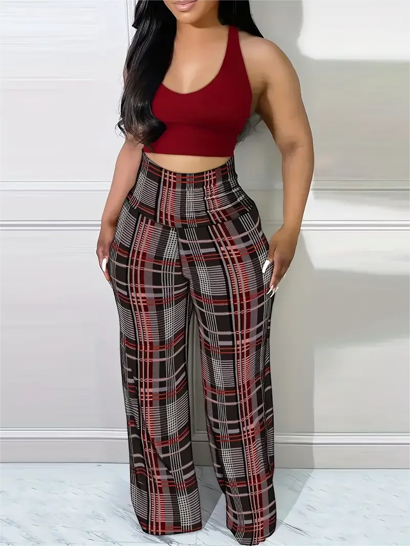 Women's Plaid Wide Leg High Waist Casual pants