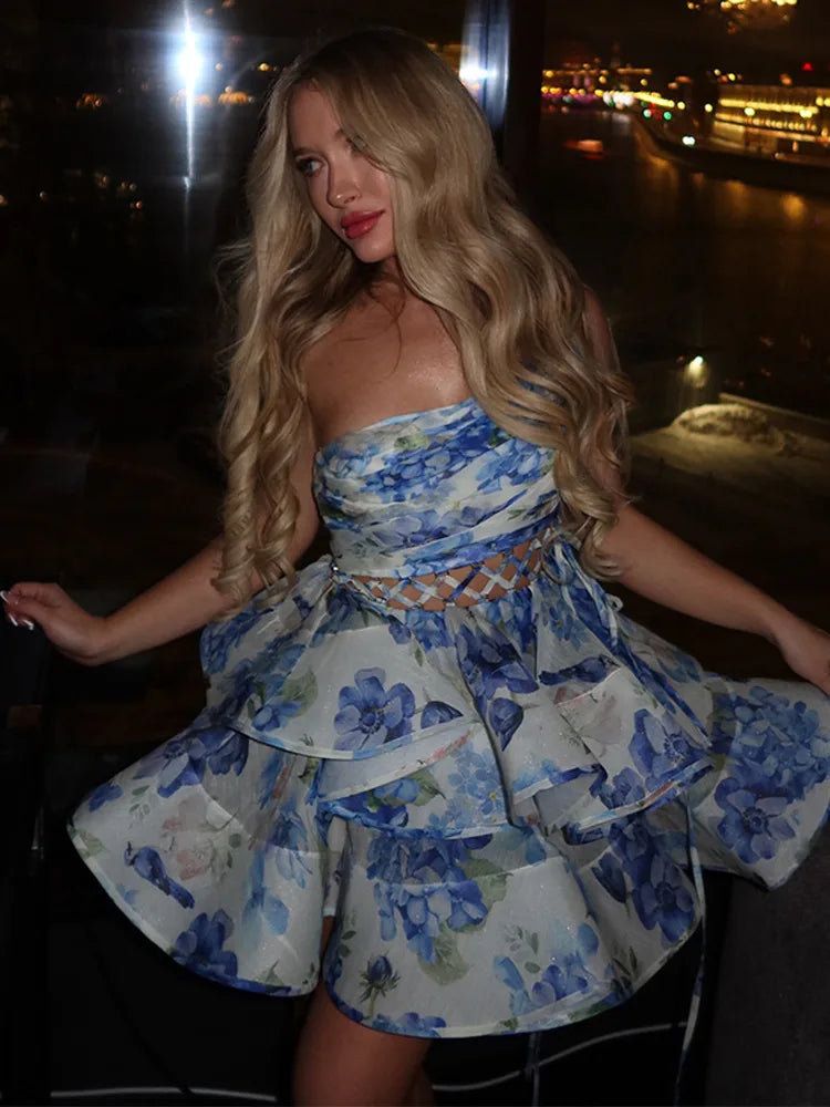 Elegant Printed Backless Strappy Short Skirt Women's Dress