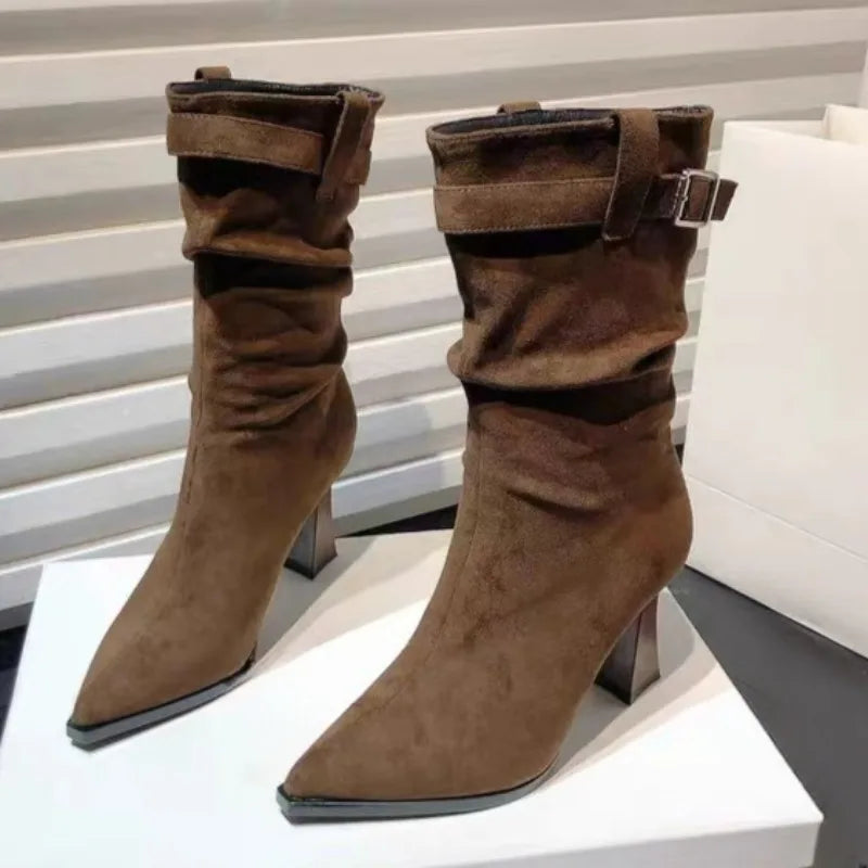 High Heeled Single Boots Women's Fashion Pointed Toe Suede Metal Buckle Anti-slip boots