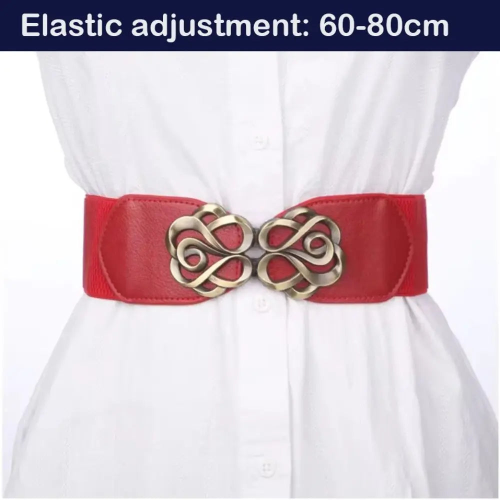 Women Leather Belt for Dress Elastic Brass Retro Buckle Overcoat