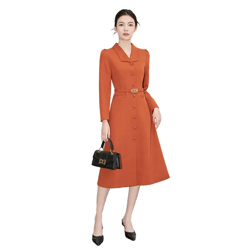 Women's Turn-down Collar Sleeves Single Breasted Sashes Dress