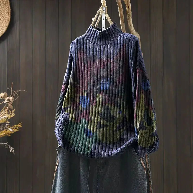 Chic Flower Printing Knitwear for Women Loose Casual Long Sleeve Half-turtleneck Knitwear