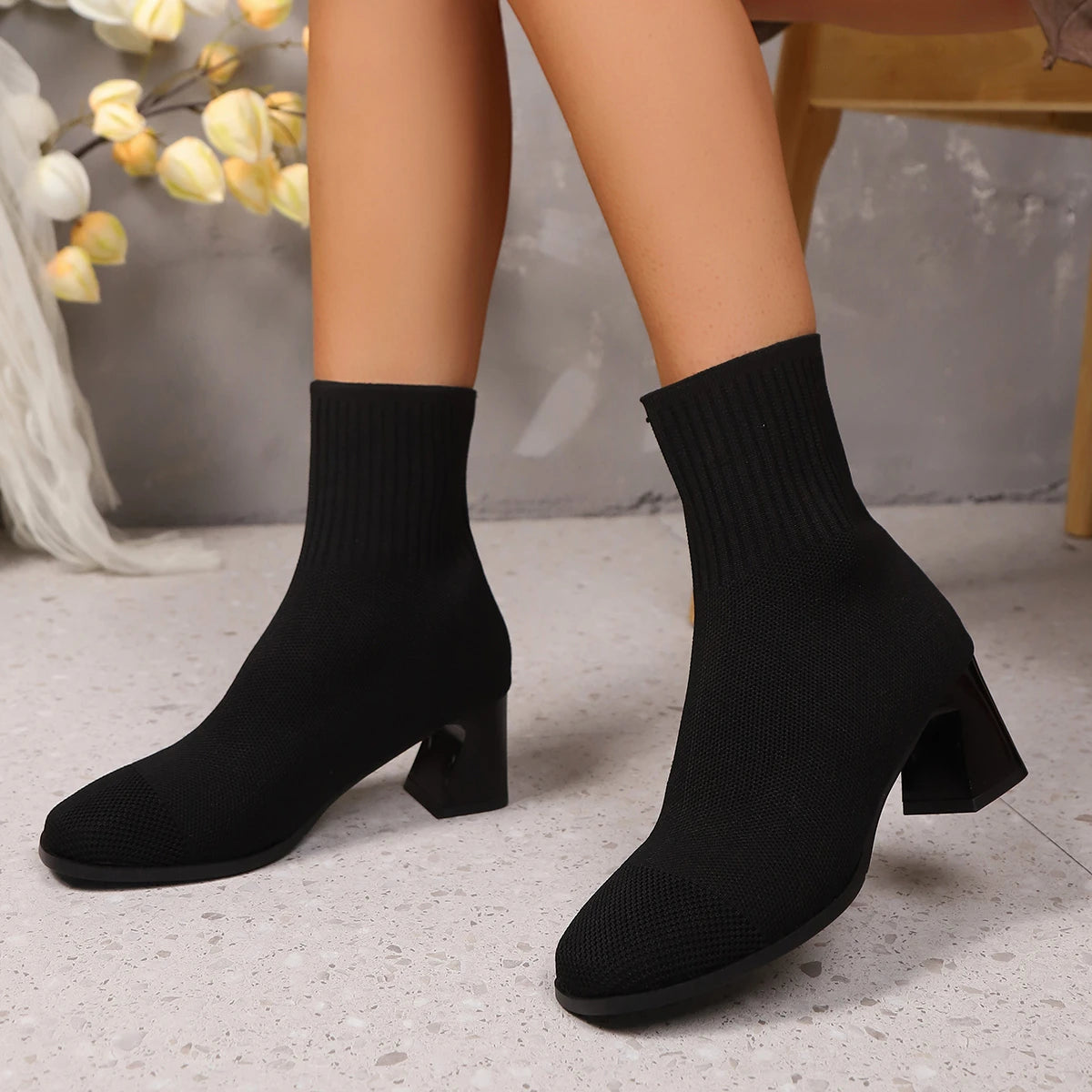 Women Boots Pointed Toe Slip on Mid-Calf Boots Spring Autumn Knitted Socks Boots