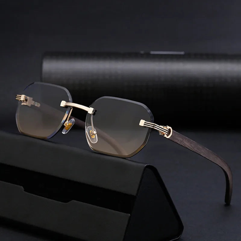 Trendy Rimless Sunglasses for Men Women Frameless Rectangle Wood Frame Sun Glasses