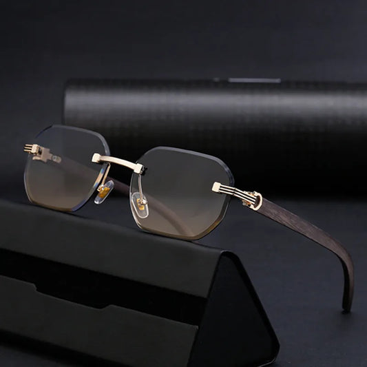 Trendy Rimless Sunglasses for Men Women Frameless Rectangle Wood Frame Sun Glasses