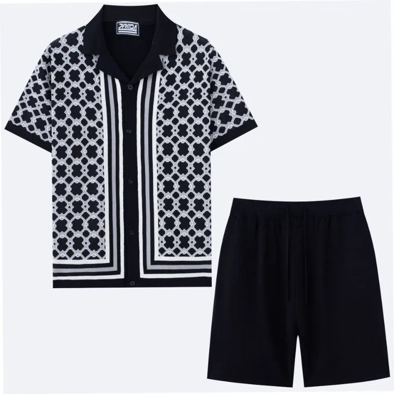 High-quality Jacquard Knitted Suits for Men Collar Knitted Shorts Sets