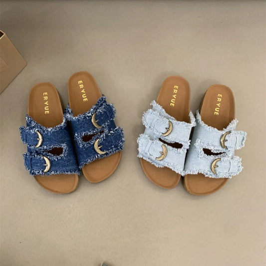 Women's Shoes Flat Slideshow Summer Platform Metal Buckle Beach Luxury  Slippers