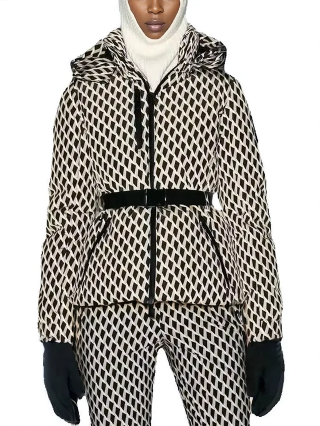 Women's Winter Hooded High Waist Padded Sport Parkas Coats with Belt