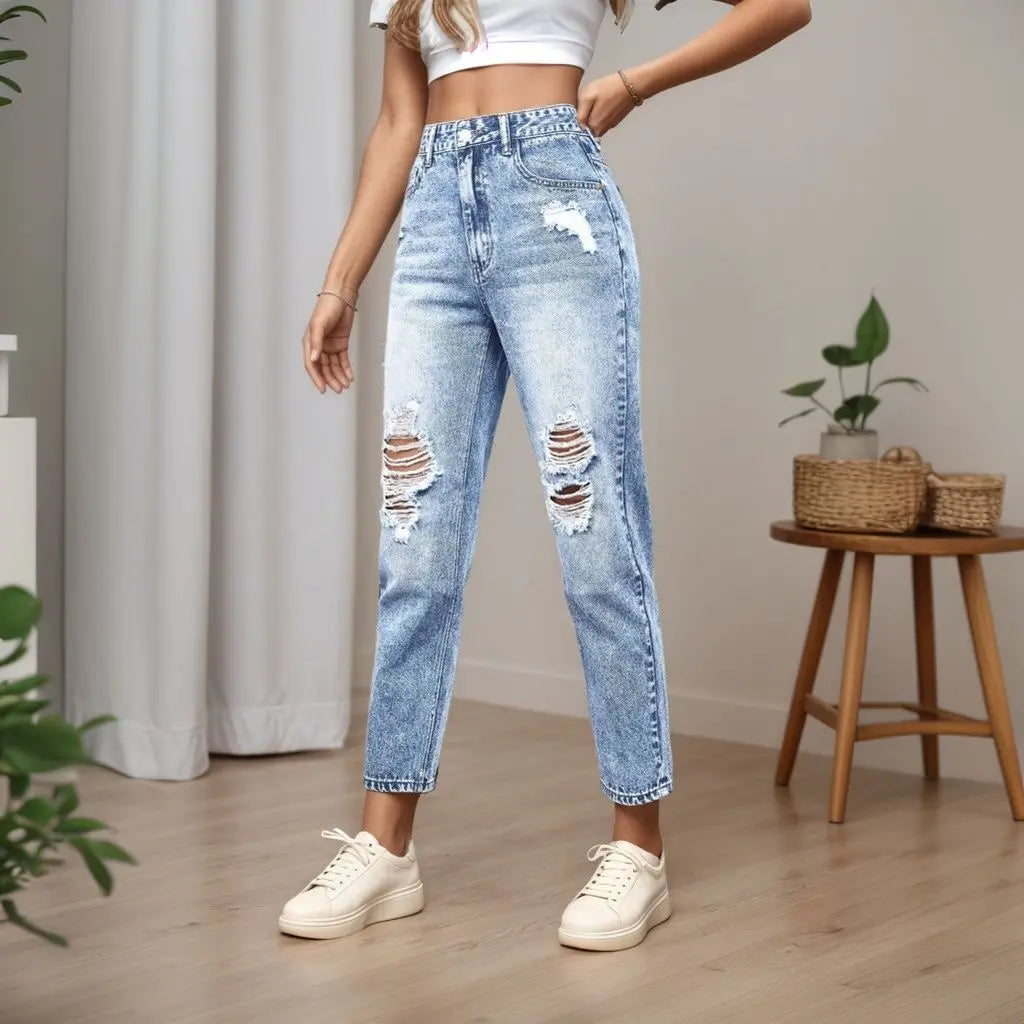 Women's Slim Fit Jeans with Rips Casual Slimming Cone