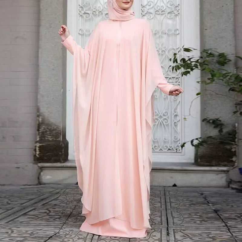 Asian Two Piece Set Bat Sleeve Retro Loose Round Neck Dress