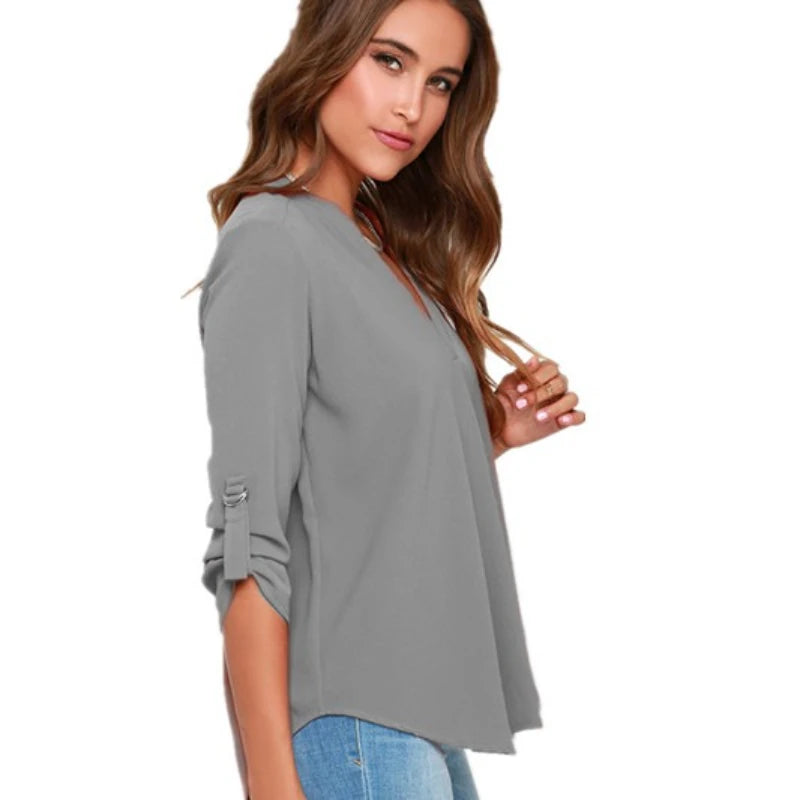 Blouses Long Sleeve  V-Neck Chiffon Blouse