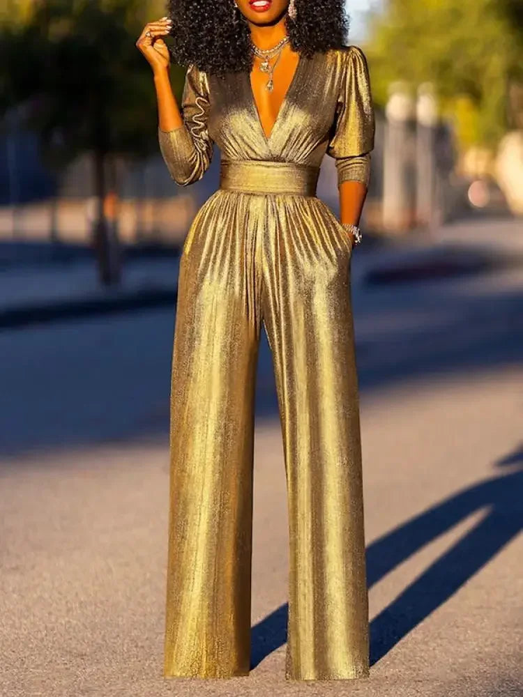 Women Fashion Shiny Sexy Deep V-neck Wide Leg Prom Jumpsuits