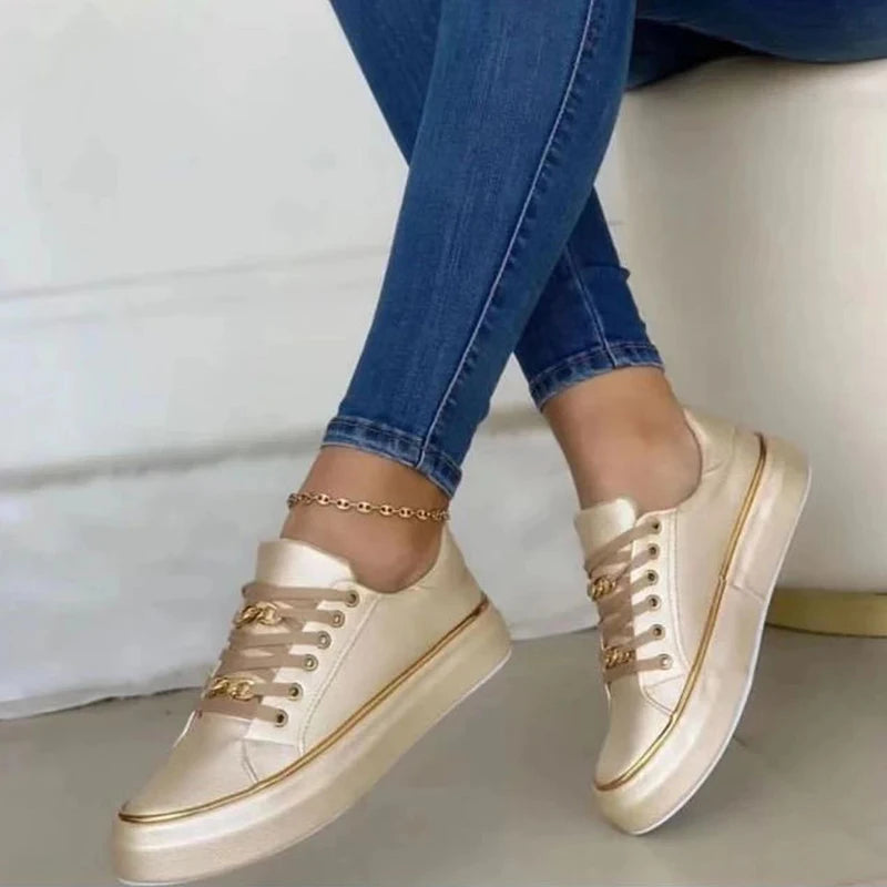 Women's Sneakers Chain Leather Comfortable Round Toe Platform Sneakers