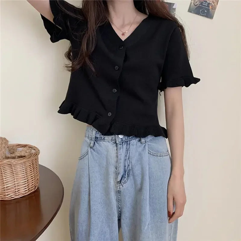 Women's Knitwear  Top V-neck Short-Sleeved
