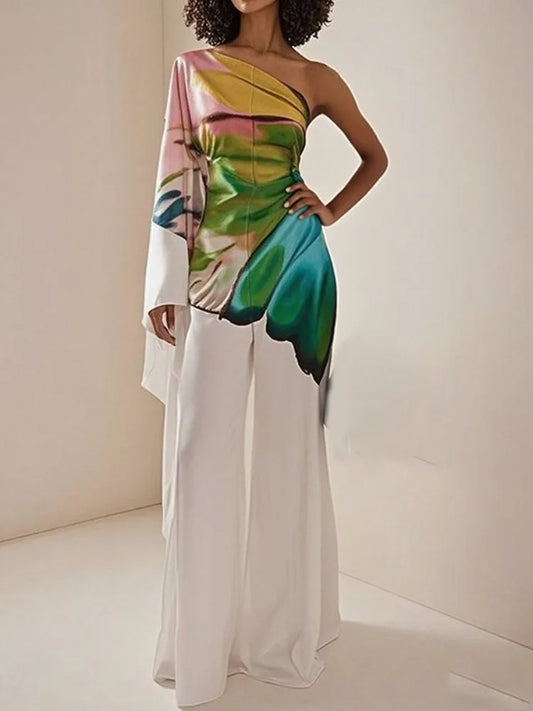 Women's Elegant Jumpsuit One-shoulder Flared Sleeves