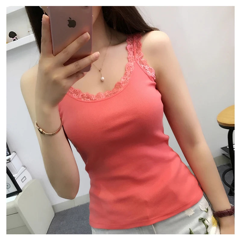 Tank Tops Women Summer O-neck Lace Suspender Camisole
