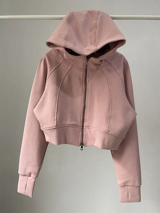 Solid Cropped Fashion Hoodies For Women  Dual Zippers Loose y2k Jackets