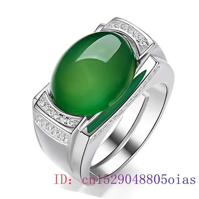 Green Jade Ring Fashion Chalcedony Men Gifts Gemstone Lucky Jewelry Zircon