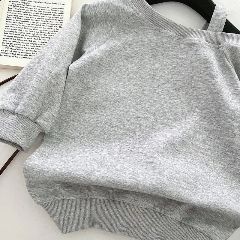 Girls Sweatshirt   Casual Off Shoulder Gray Solid Color Long Sleeve Top