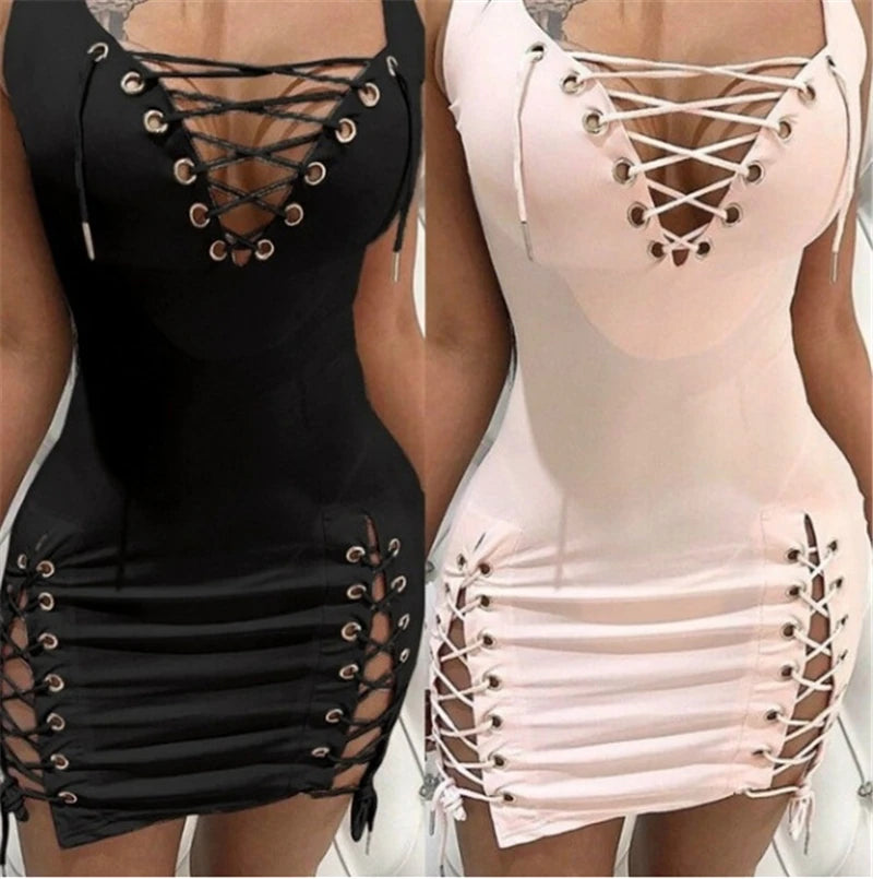Solid Color Deep V-neck Sexy Slim Fit Lace Up Sleeveless Mini Dress