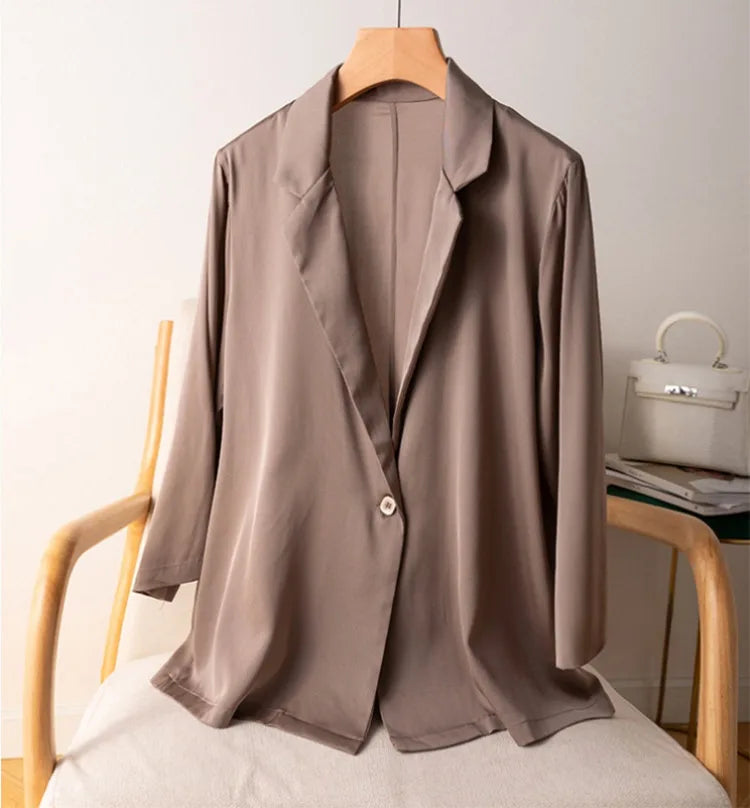 Women Blazer 95% Mulberry Silk 5% Spandex One Button Coat Jacket