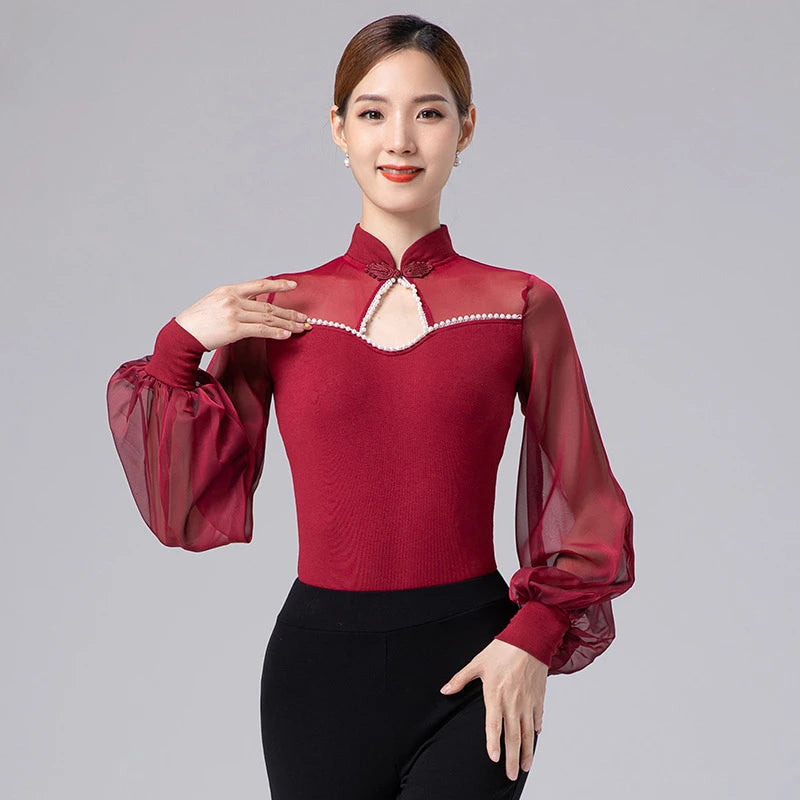 Women Latin Jumpsuit Sexy Mesh Long Sleeve Top
