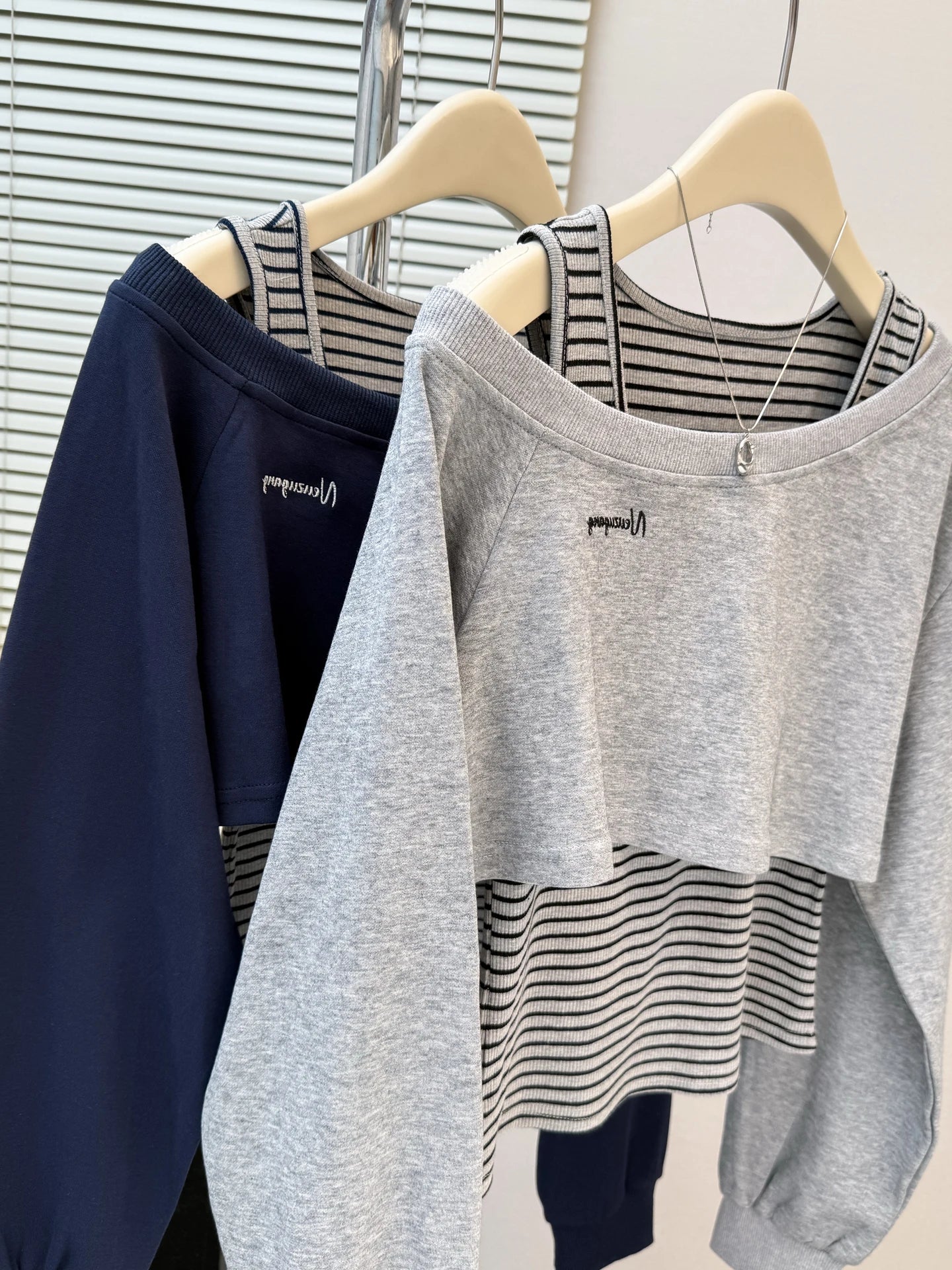 Womens Striped Sweatshirt Floral Gray Sloping Shoulder