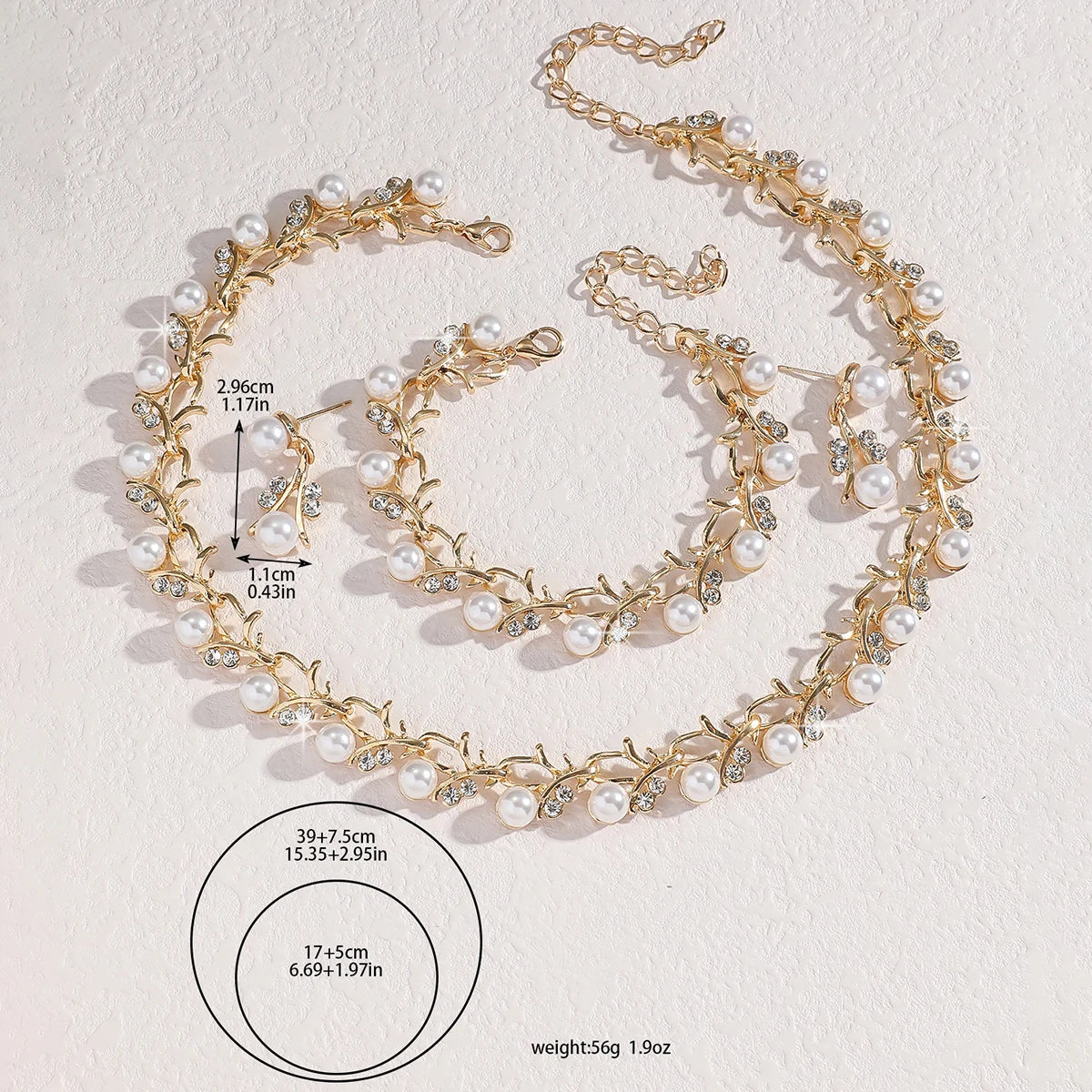 4pcs women's jewelry set with pearl rhinestone necklace, earrings, bracelets.