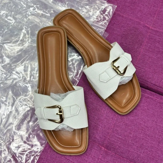 Flat Slides for Women Metal Buckle Strap Slippers