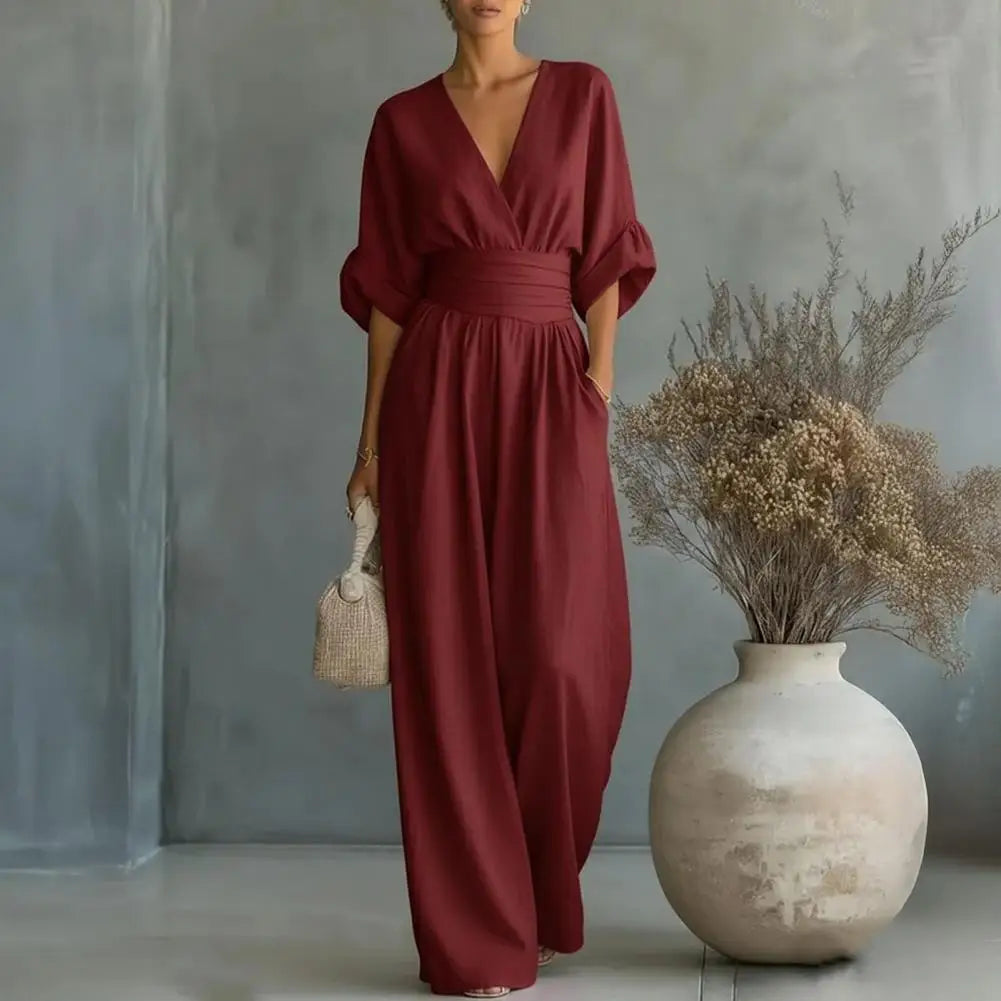 Women's Jumpsuit Fashion High Waist V-neck Casual  Wide Leg Trousers