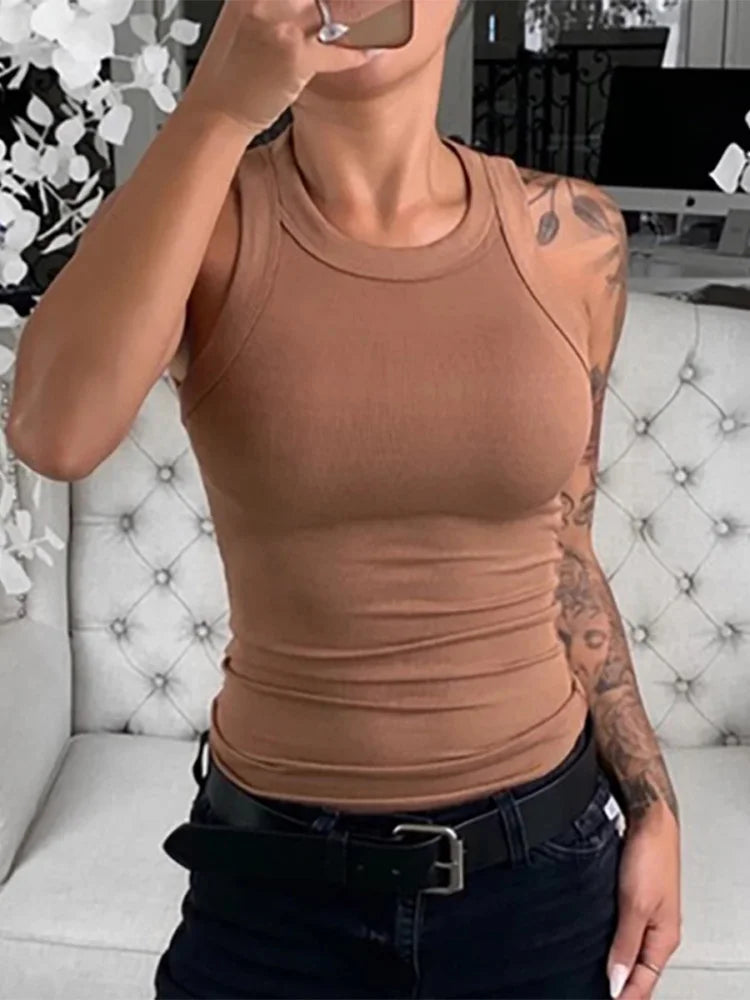 Women Solid Round Neck Ribbed Tank Top Camisole