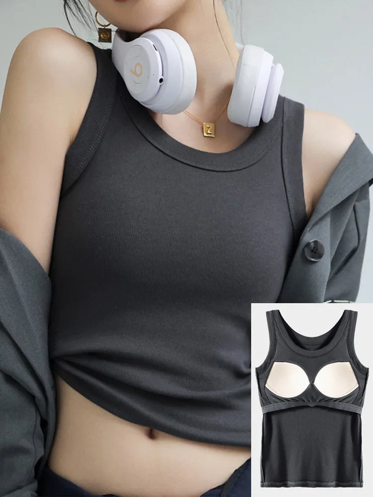 Women Thread Tank Tops With Built In Bra Padding