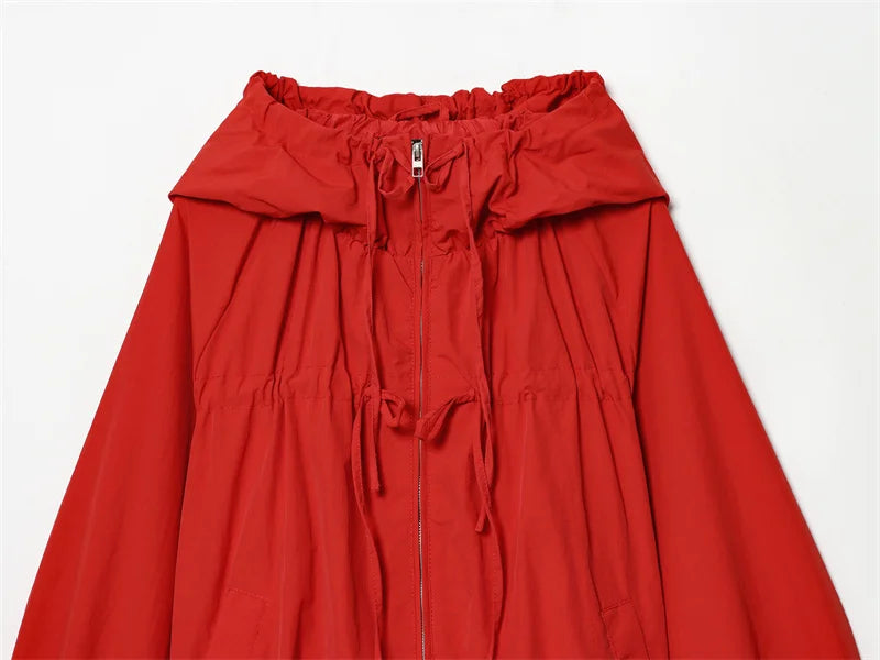 Red Long-Sleeve Drawstring Decorative Festive Hoodie Zipper Cardigan Casual