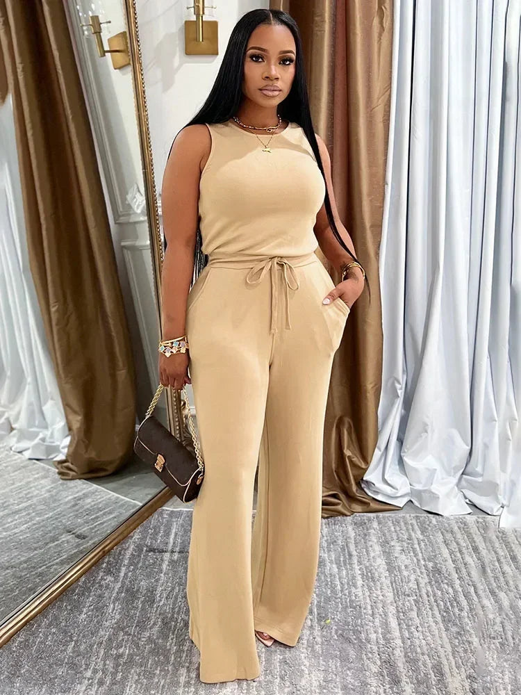 Solid Casual Jumpsuit Sleeveless Drawstring High Waist One Pieces Rompers